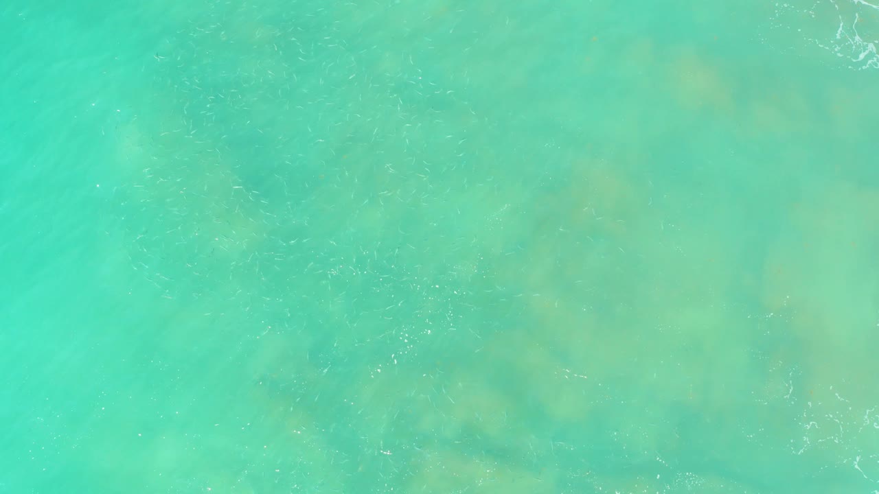 Shallow turquoise ocean with faint white surface foam and submerged rock-like shapes.