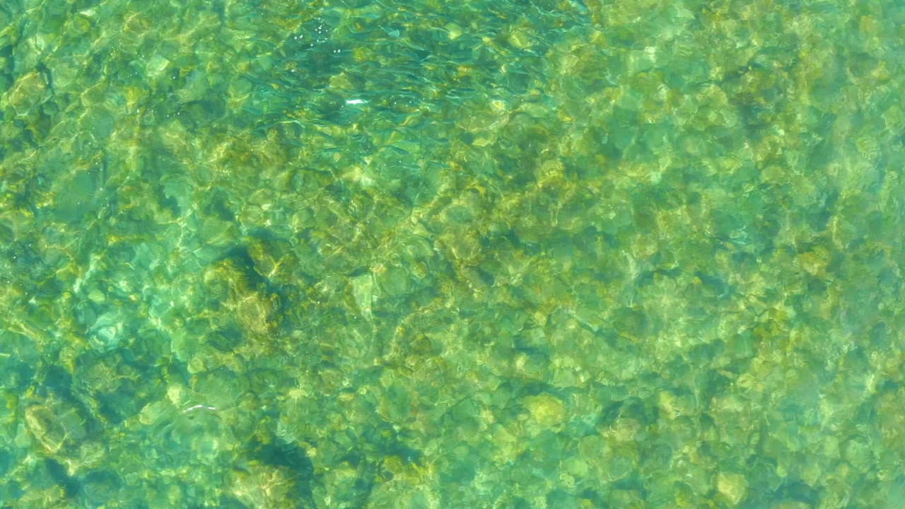 Clear shallow water at El Tule Beach Los Cabos shows a rocky bottom through green-blue surface ripples, with no visible people.