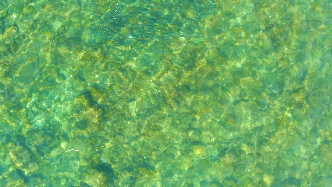 Sunlight patterns cross the transparent shallow water at El Tule Beach Los Cabos, with rocks visible below and no visible people.