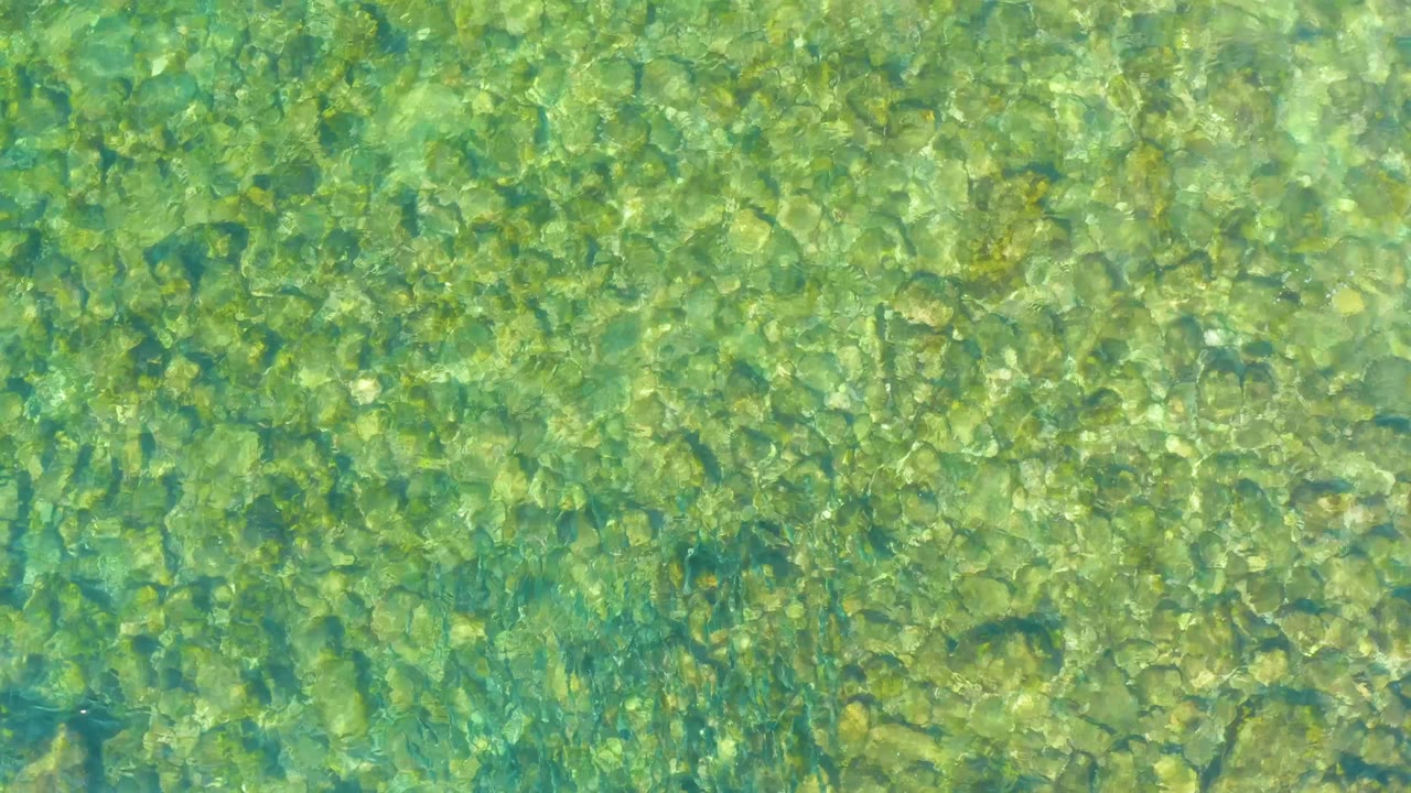 Transparent green water at El Tule Beach Los Cabos covers small rounded rocks, with soft refracted sunlight spread across the frame and no visible people.