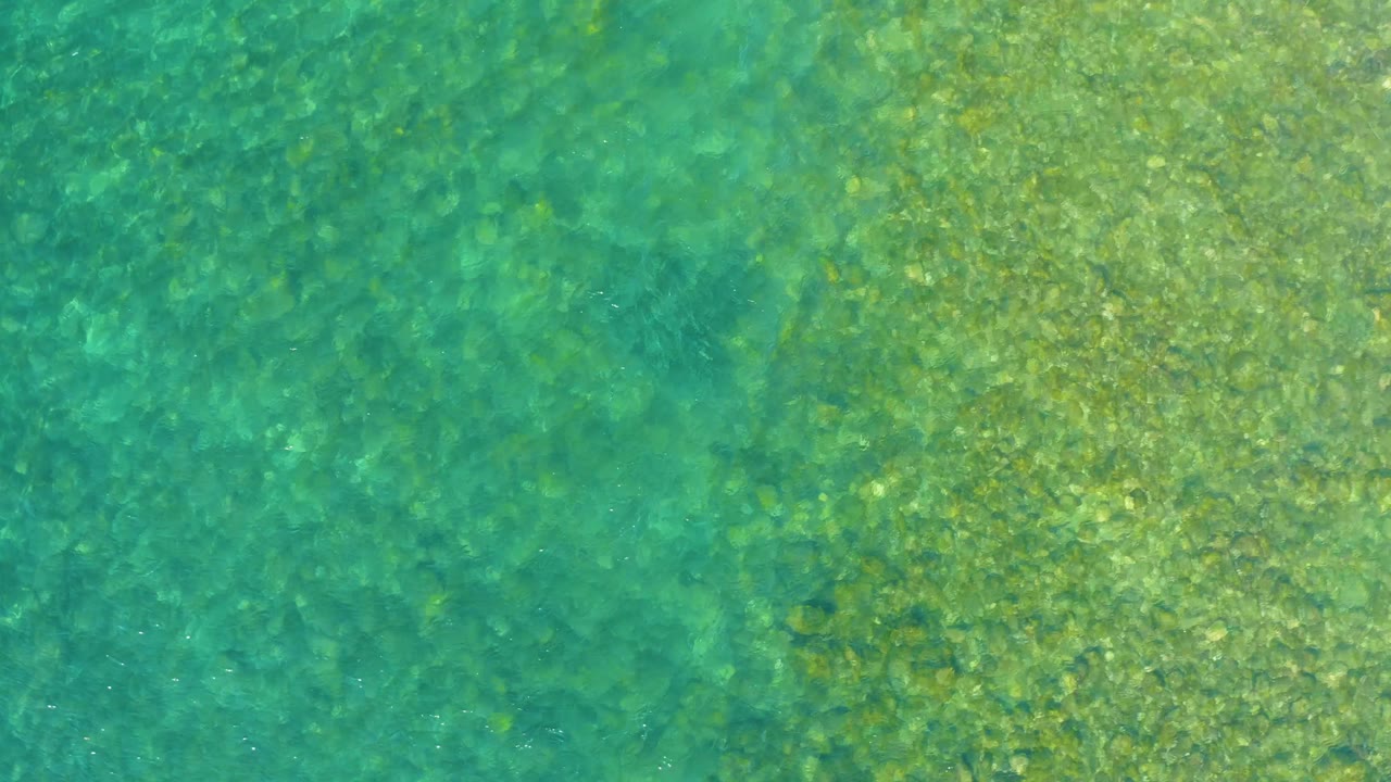 Clear shallow water at El Tule Beach in Los Cabos, where the turquoise and green zones begin to blend over the visible rocky seabed with no visible people.