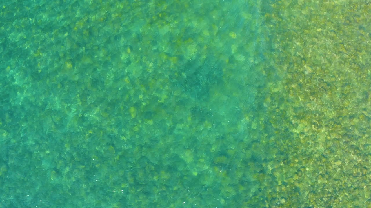 Overhead frame of transparent water at El Tule Beach in Los Cabos, with green tones spreading into turquoise water above a mottled rocky bottom and no visible people.