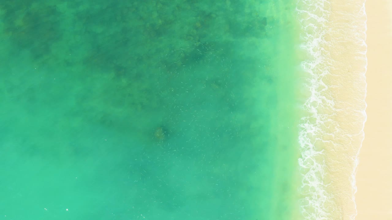 Overhead view of turquoise water and pale sand at El Tule Beach Los Cabos, with a narrow white foam line near shore and no visible people.