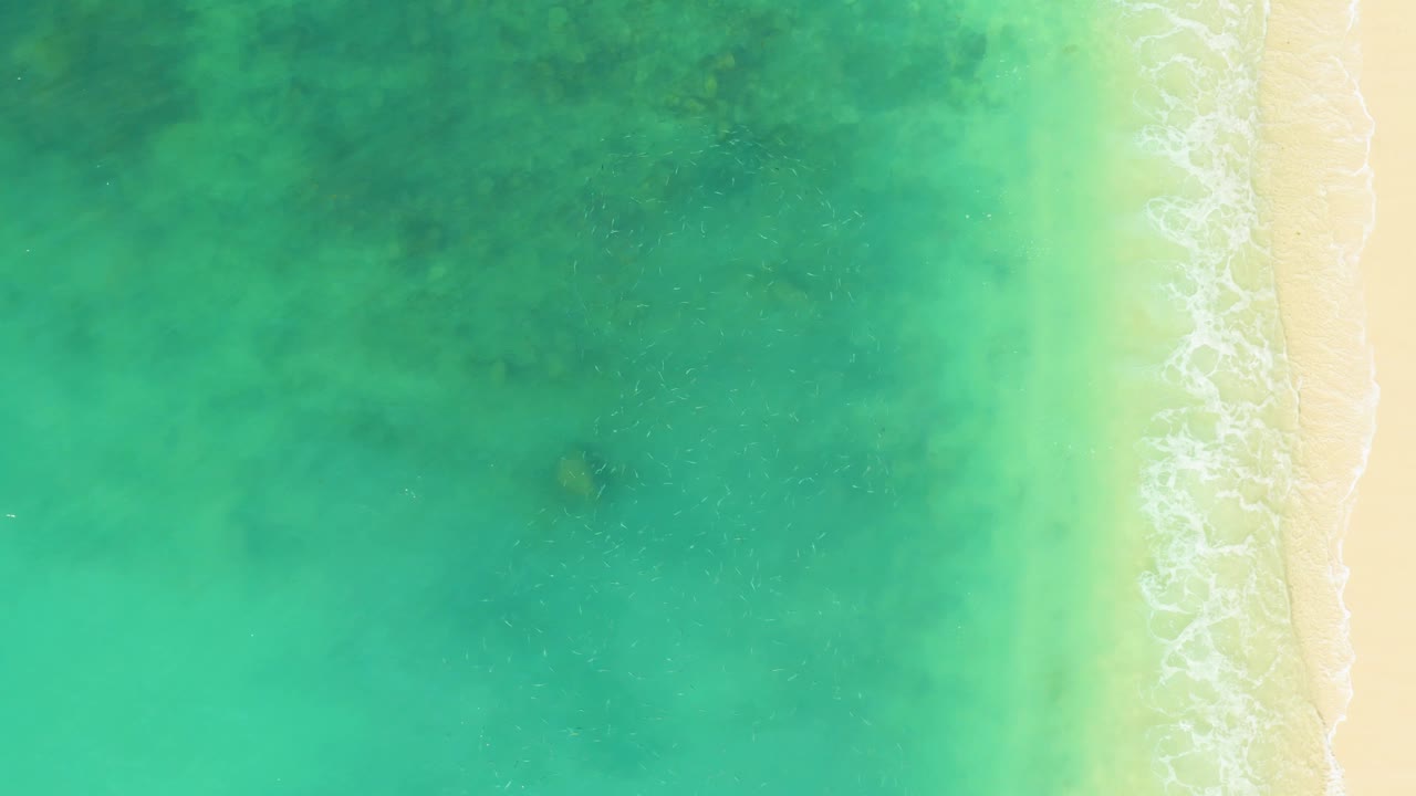 Top-down view of El Tule Beach Los Cabos with green-turquoise water, a pale sand strip on the right, scattered foam, and no visible people.