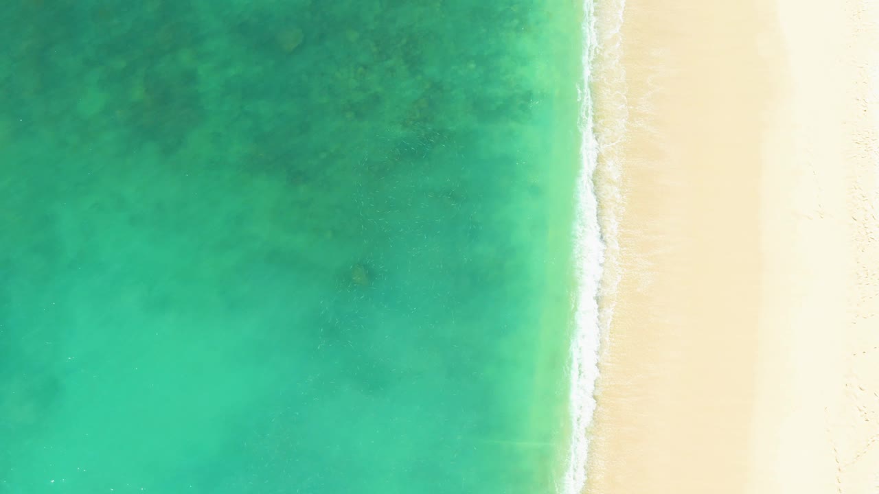Top-down El Tule Beach Los Cabos frame with broad turquoise water, pale beach to the right, white foam curling along the shore, and no visible people.
