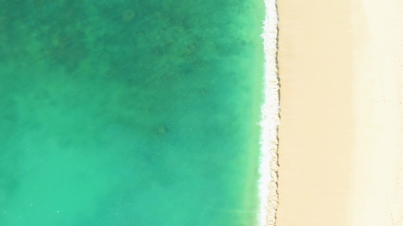 Aerial view over El Tule Beach Los Cabos with dense turquoise water on the left, a narrow white foam strip near center-right, pale sand, and no visible people.