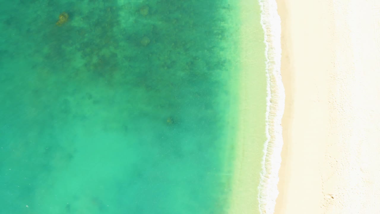 Top-down view at El Tule Beach Los Cabos where turquoise shallows meet the sandy beach, with white foam tracing a slightly uneven shoreline and no visible people.