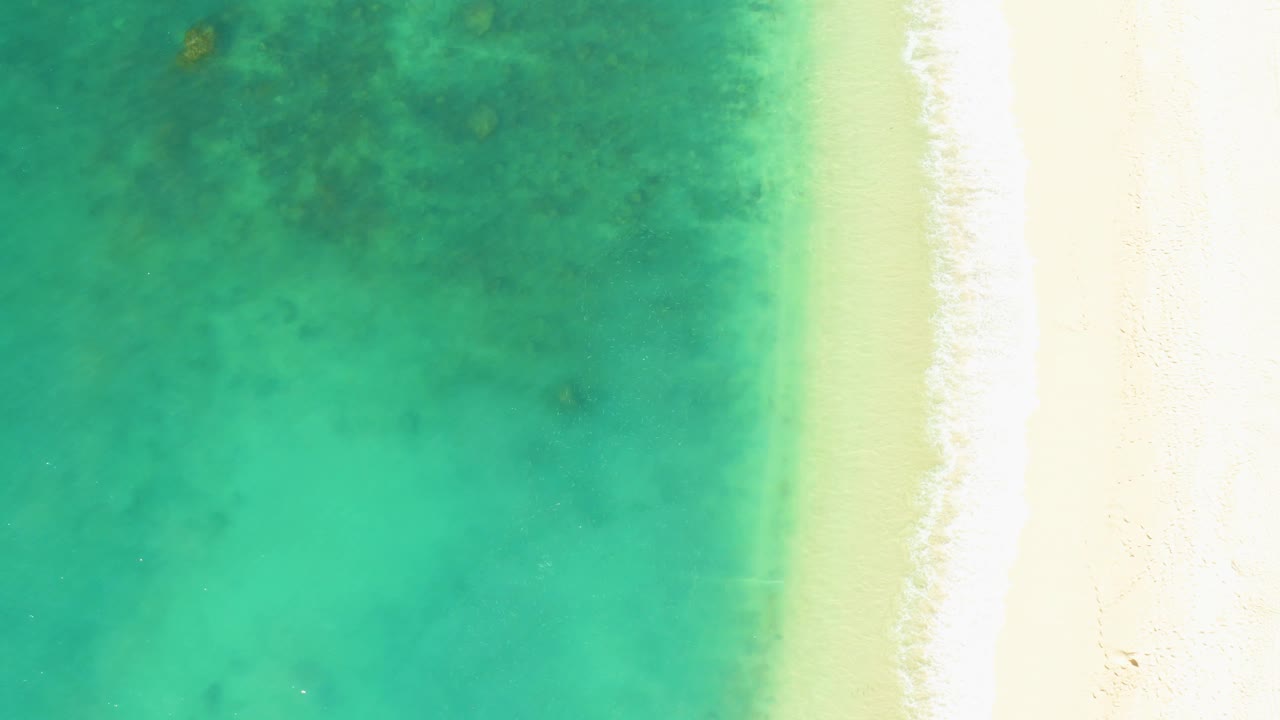 Aerial overhead frame at El Tule Beach Los Cabos showing shallow green water on the left, pale sand on the right, a bright foam band between them, and no visible people.