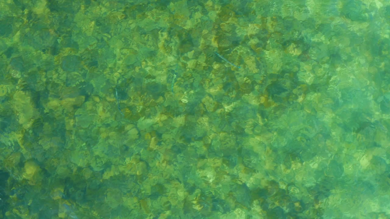 Clear rippled water reveals submerged rocks at El Tule Beach in Los Cabos, with brighter light patches shifting across the frame and no visible people.