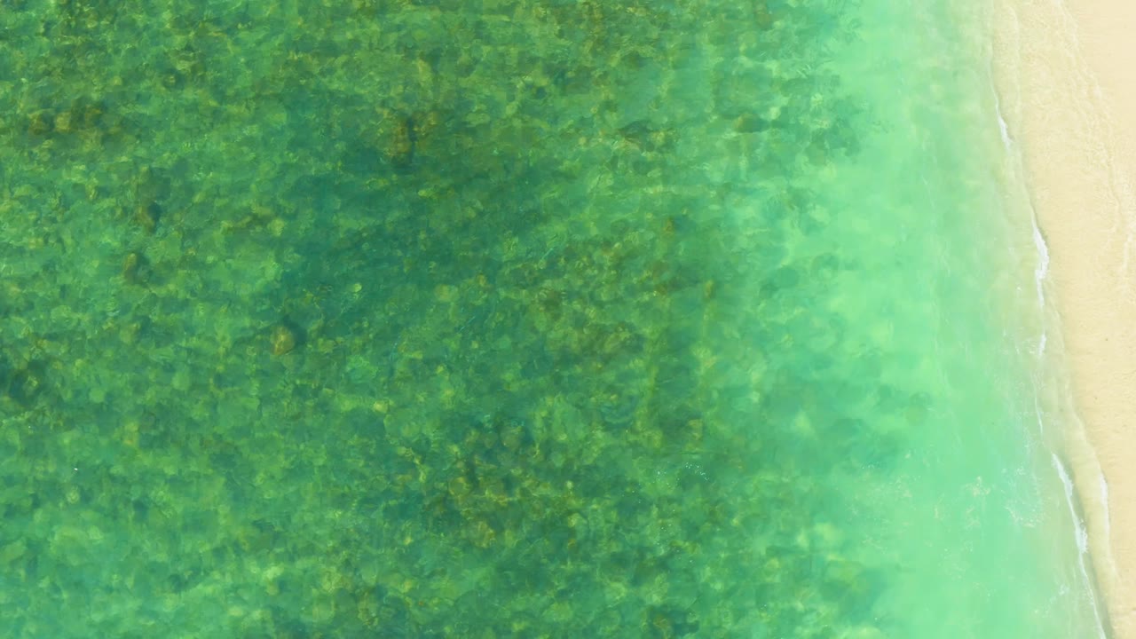 Aerial frame from El Tule Beach Los Cabos with green-blue shallow water, mottled seabed detail, a bright sandy margin, and no visible people.