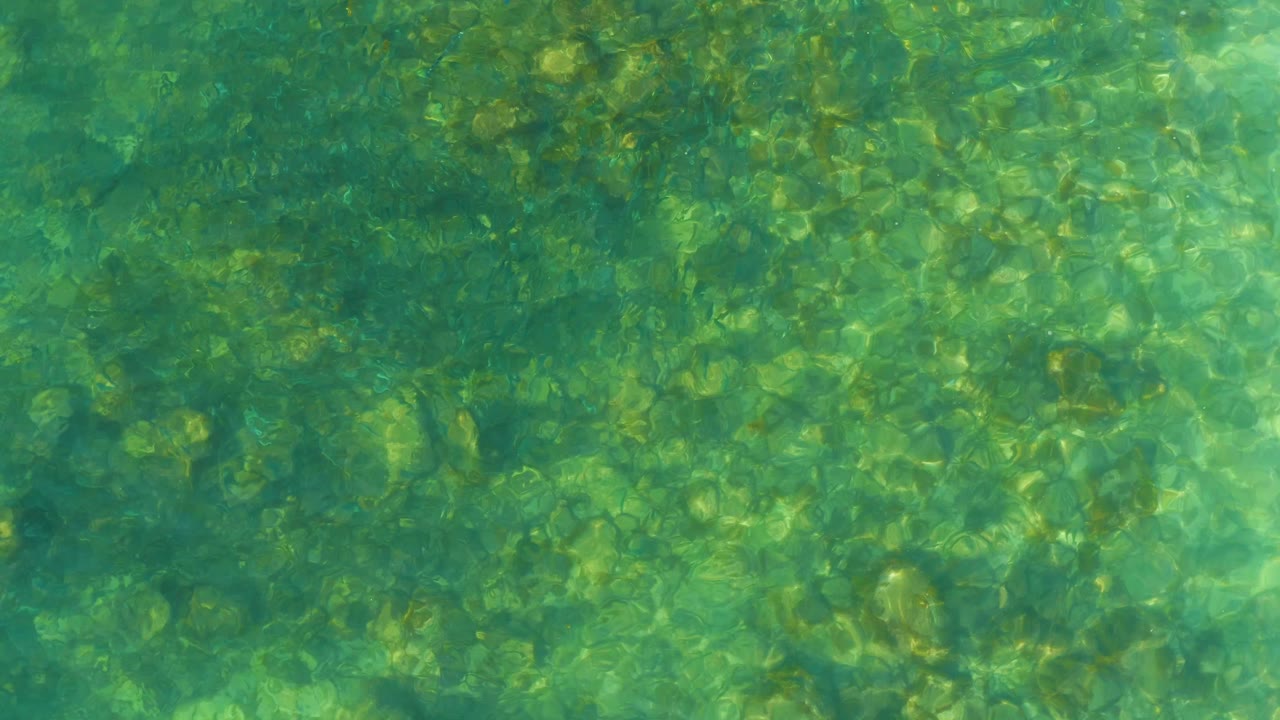 Sunlit green-blue shallow water reveals uneven submerged stones at El Tule Beach in Los Cabos, with no visible people.