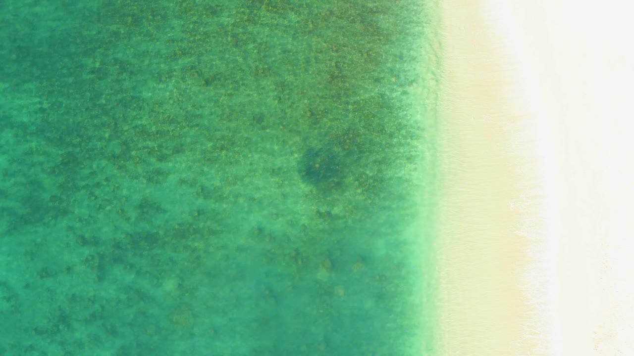Overhead El Tule Beach frame with transparent green water, darker seabed patches, pale sand along the right edge, a thin lapping wave, and no visible people.
