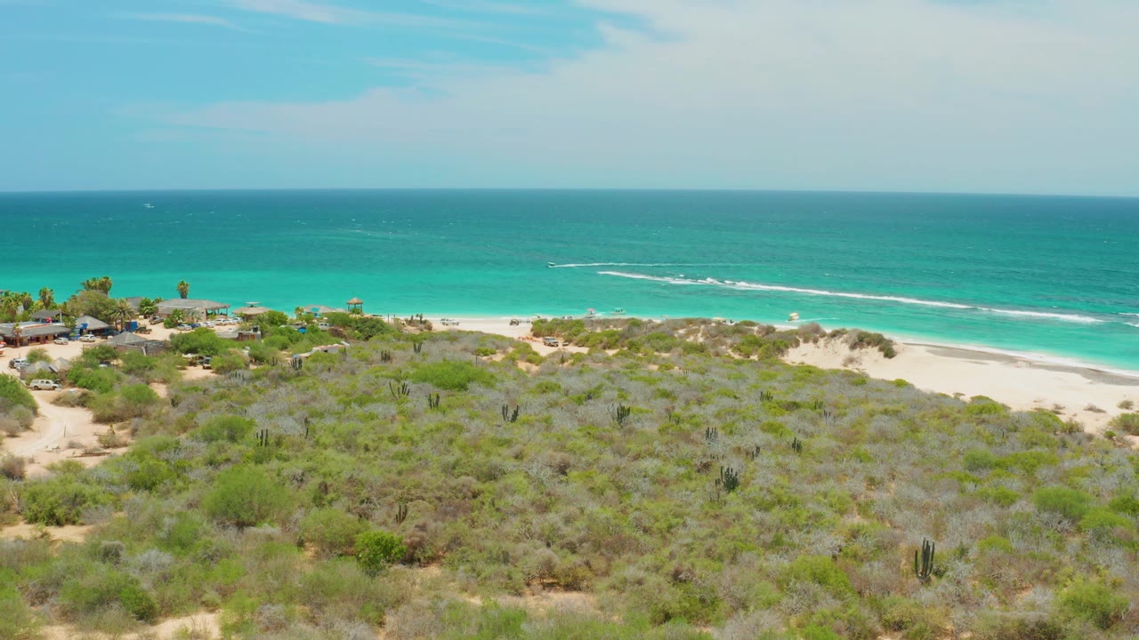 Cabo Pulmo aerial view of shrub-covered dunes, a white sand beach, and turquoise sea with thin white waves, with no visible people.