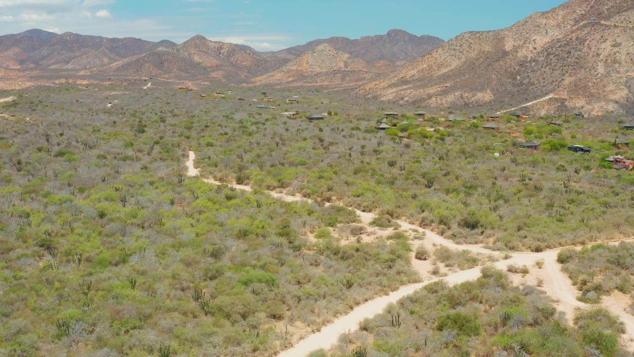 Aerial desert landscape with winding tracks, shrubs, and rocky mountains.