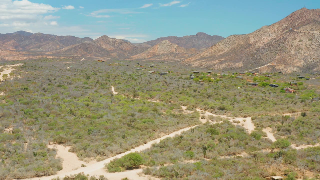 Cabo Pulmo aerial frame with a winding light-colored track running through sparse shrubs toward a line of rocky mountains, under bright daylight and no visible people.