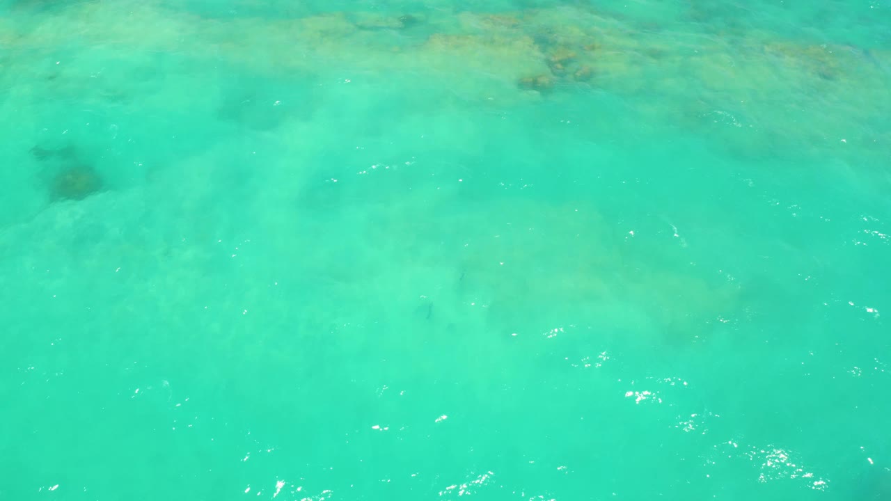 Clear aqua water in Cabo Pulmo shows pale seabed, soft surface ripples, small dark underwater fish-like shapes, and no visible people.