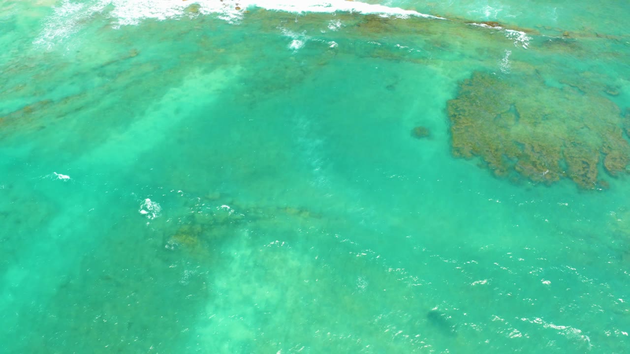 Overhead Cabo Pulmo reef water with a bright surf line along the top, a broad reef patch near center right, and no visible people.