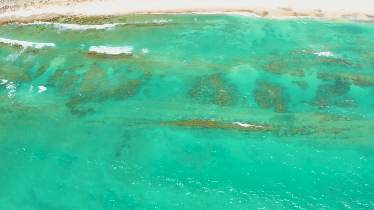 Overhead Cabo Pulmo beach view with pale shoreline across the upper frame, mottled coral or seabed patches in turquoise water, scattered foam, and no visible people.