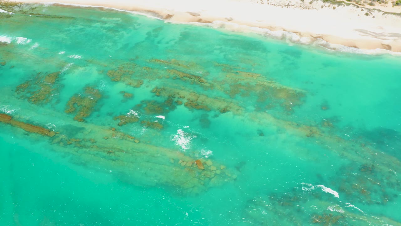 High overhead view of the Cabo Pulmo shoreline, with pale sand across the top, green-brown reef forms below the surface, and no visible people.