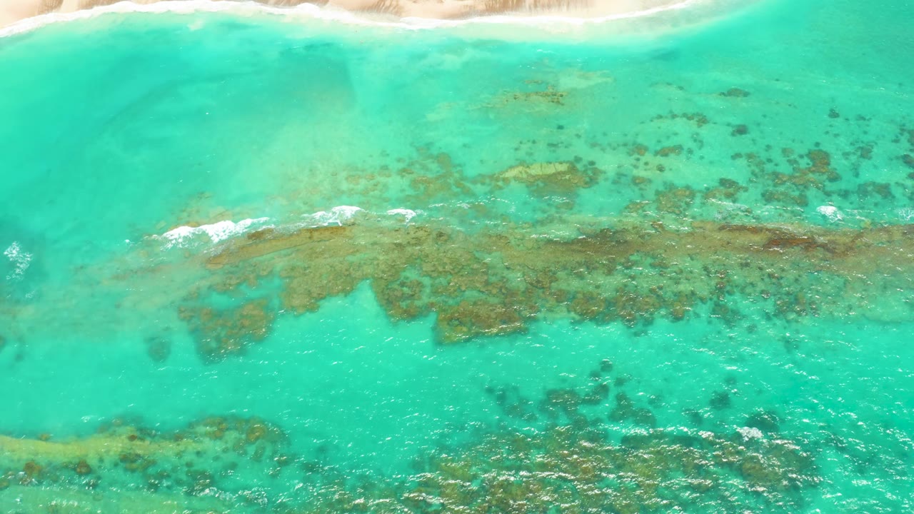 Overhead view of shallow Cabo Pulmo water with scattered darker reef patches, a pale sandy beach along the upper frame, a white foam streak on the reef, and no visible people.