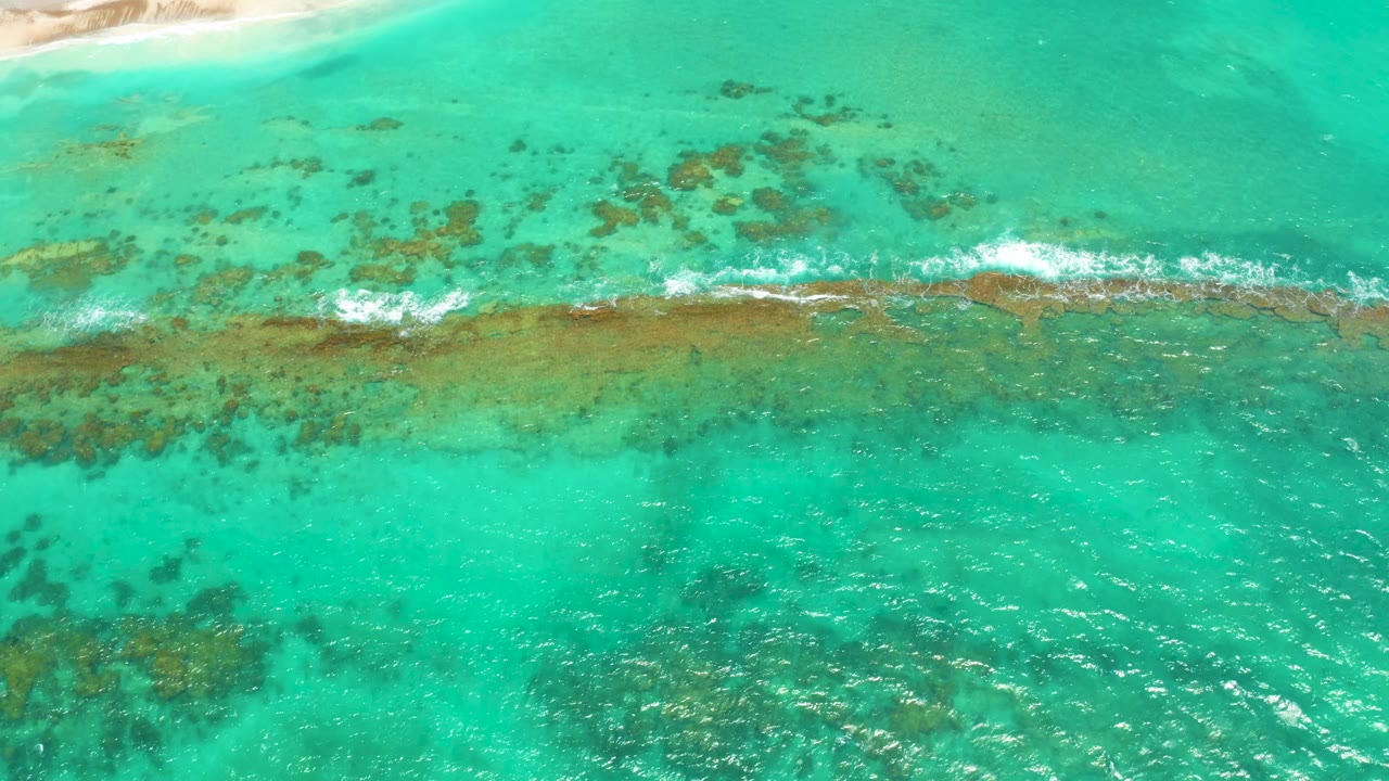 Overhead view of turquoise water and a horizontal coral reef line in Cabo Pulmo, Baja California Sur, with small white waves breaking and no visible people.