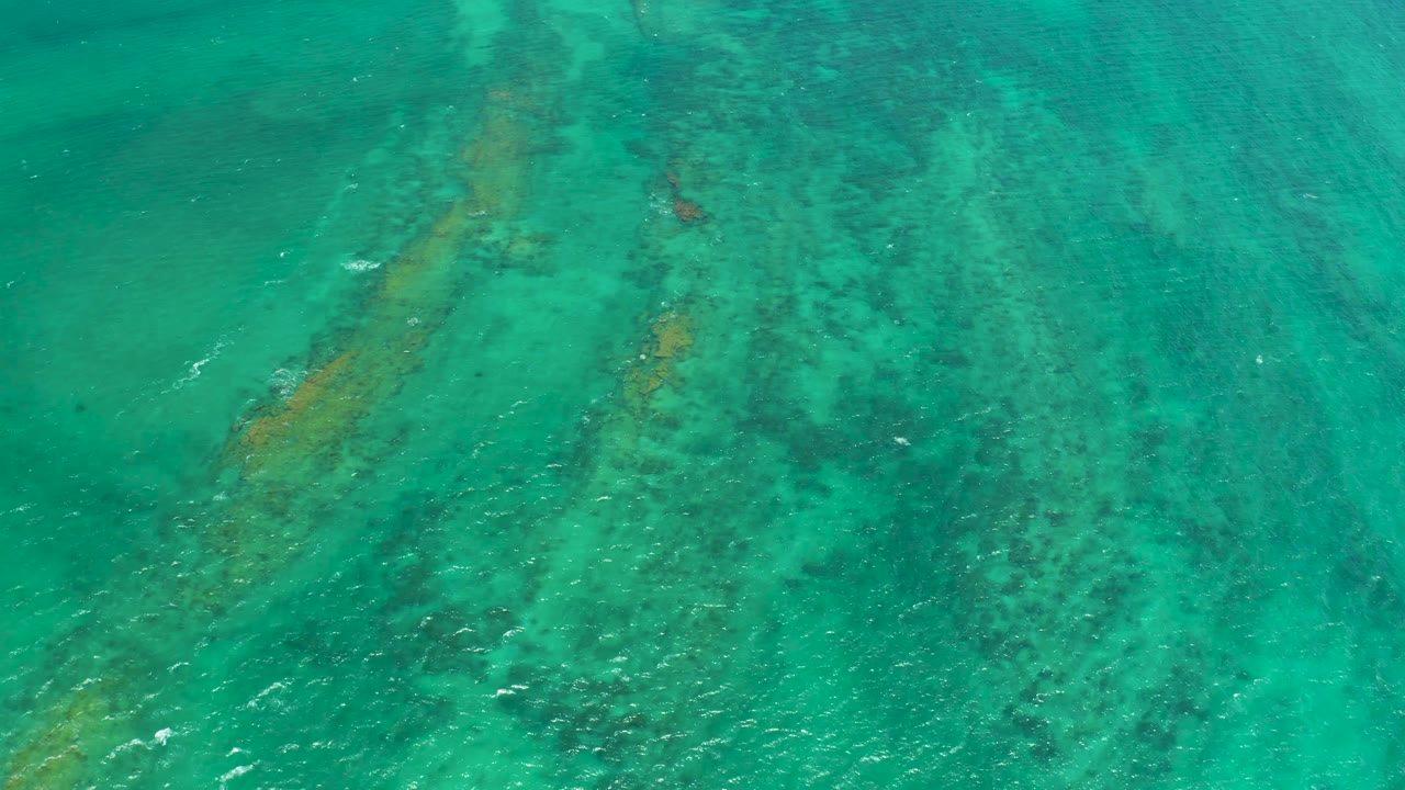Aerial-looking view of Cabo Pulmo water with mottled seabed detail, pale turquoise shallows, darker rock patches, and no visible people.