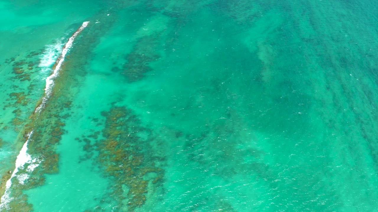 Aerial frame over Cabo Pulmo shallow water where the bright foam line has shifted along the narrow reef or sandbar, with visible coral patches beneath the green-blue surface and no visible people.
