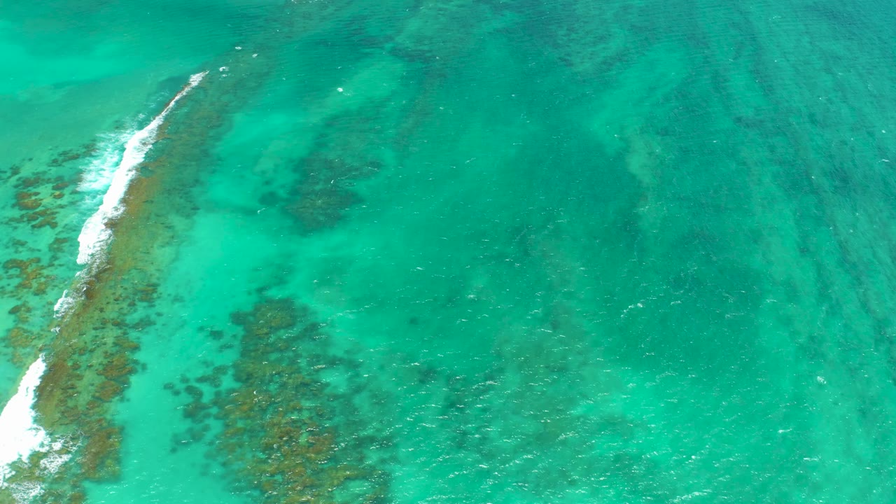 Overhead Cabo Pulmo frame with the reef edge close to the left side, white foam entering from the lower-left corner, darker submerged coral in the midframe, and no visible people.