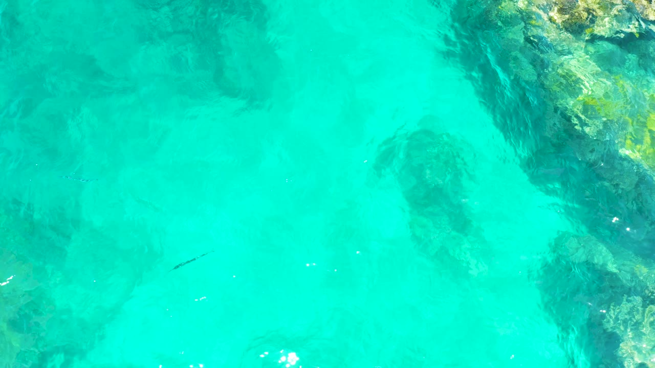 Overhead view at El Tule Beach with pale turquoise water, dark rock patches beneath the surface, faint fish shapes, and no visible people.