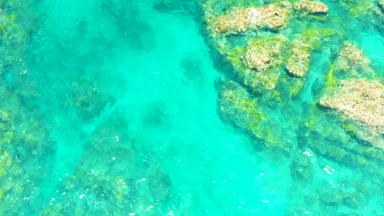 Clear turquoise water at El Tule Beach Los Cabos over pale submerged rocks and darker seabed patches, with no visible people.