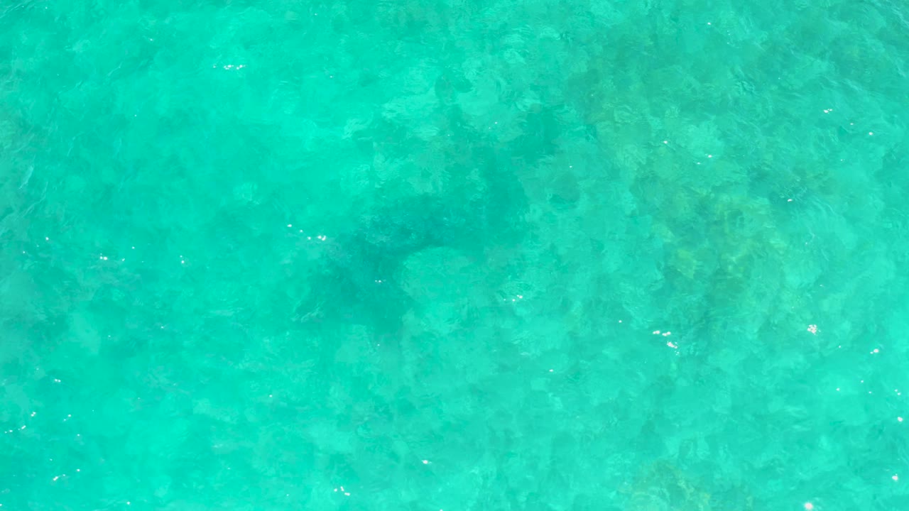 Clear shallow water at El Tule Beach Los Cabos shows pale turquoise color, scattered darker bottom patches, small bright glints, and no visible people.