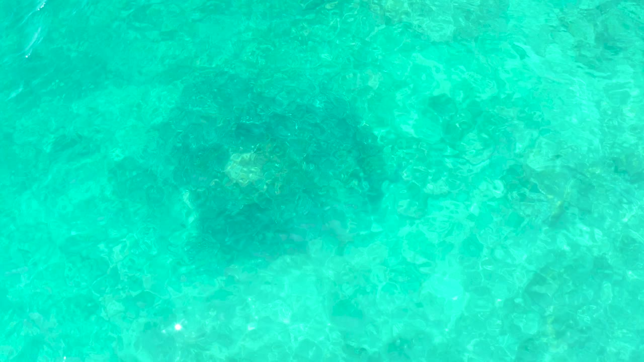 Overhead frame of shallow turquoise water at El Tule Beach Los Cabos with a faint sea turtle form beneath the surface and no visible people.