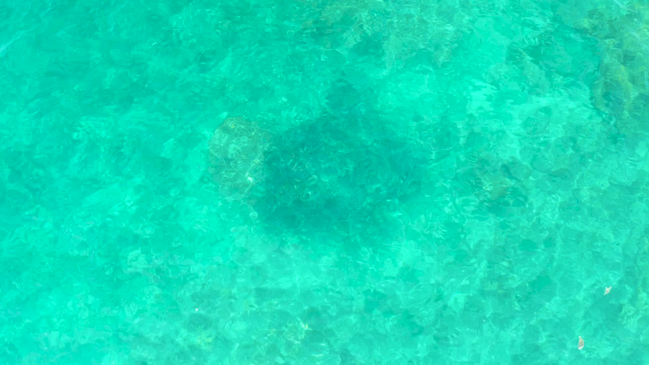At 0:02, the overhead view shows shallow turquoise ocean over irregular darker seabed detail, with scattered sun glints and no visible people.
