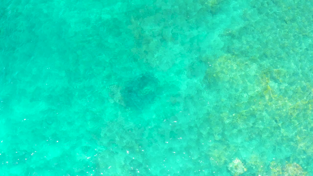 Clear green-blue water reveals uneven reef patches and darker submerged rocks at El Tule Beach Los Cabos, with no visible people.