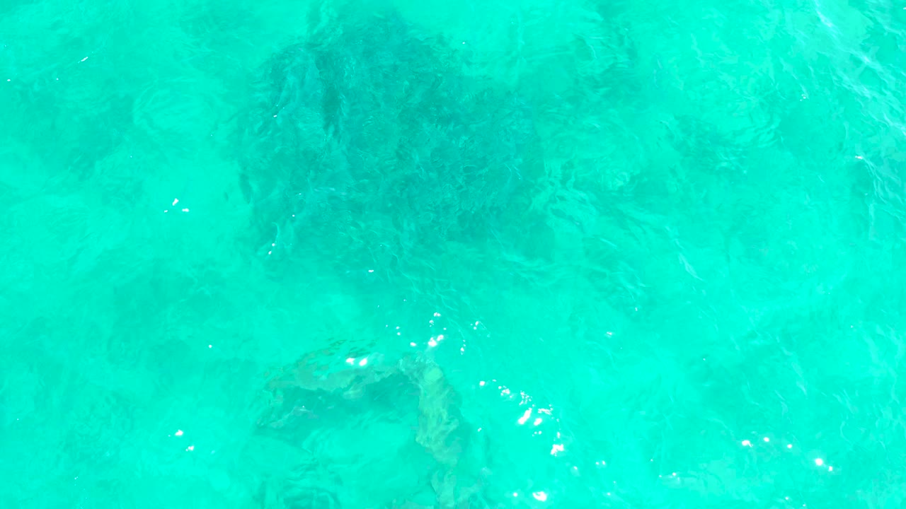 Opening frame of clear turquoise water at El Tule Beach Los Cabos, with dark submerged rock or coral forms under ripples and no visible people.