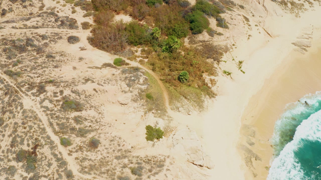 Aerial frame at Dreams Los Cabos with dry dune vegetation across the sand, a faint curved path, breaking white water on the right, and no visible people.