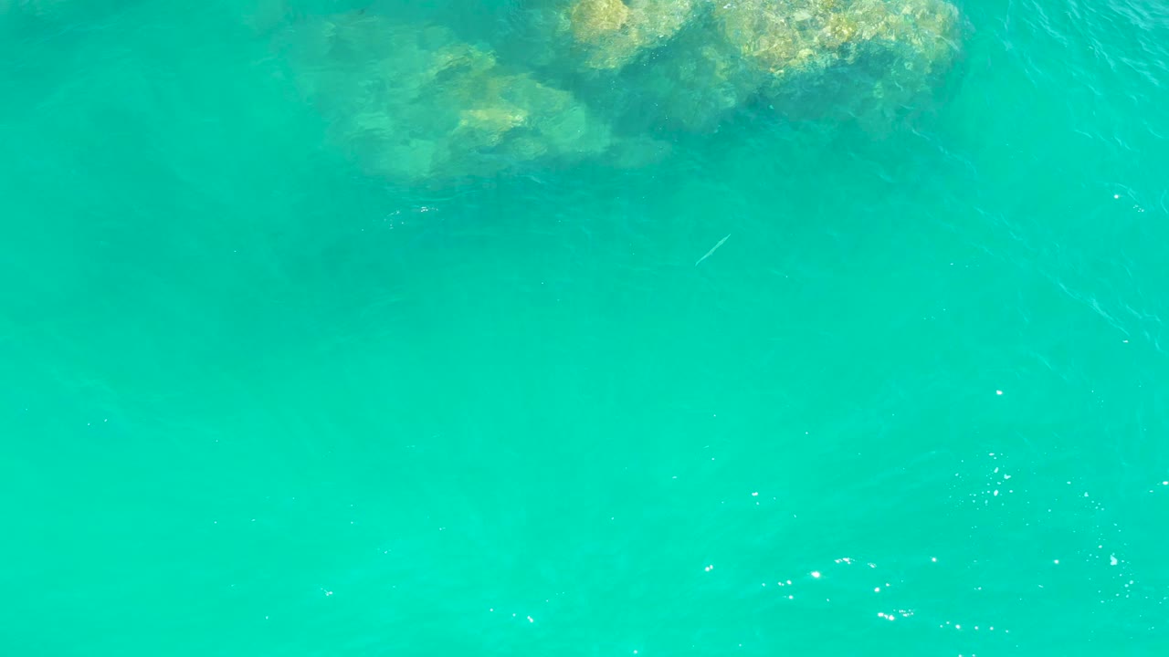 Clear turquoise water at Dreams Los Cabos with faint small fish shapes below the surface and submerged rocks across the top, no visible people.