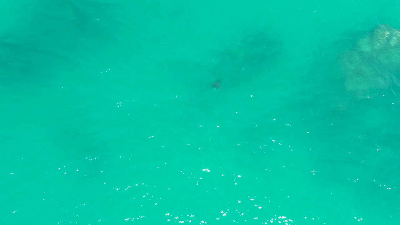 Overhead frame of Dreams Los Cabos ocean water, with darker submerged patches beneath rippled turquoise surface and no visible people.