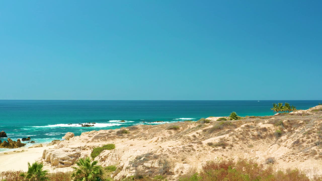 At 0:03, low desert vegetation and sandy dune ground cross the lower frame with turquoise ocean, white surf, dark rocks, clear sky, and no visible people at Dreams Los Cabos.