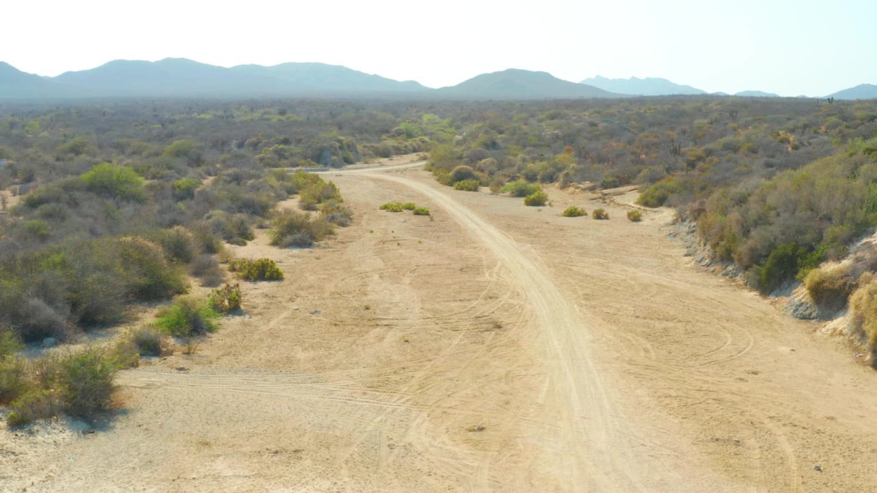 A pale dirt track bends through low shrubs and sandy ground in Los Frailes, with a bright washed sky above the distant mountain line and no visible people.