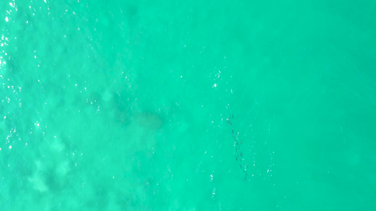 Overhead Los Frailes water view with bright turquoise color, subtle sunlit ripples, faint fish traces, and no visible people in the frame.