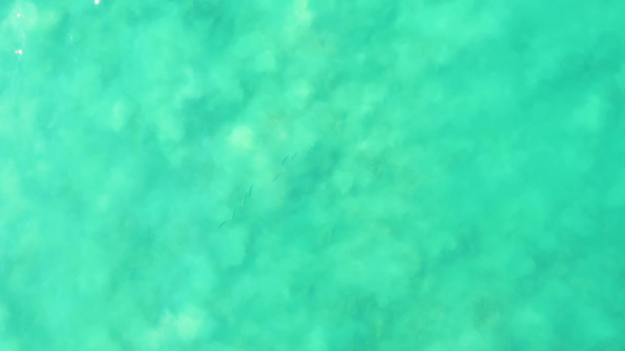 Turquoise water seen from above at Los Frailes, with a small vertical sparkle of reflected light near the left center and no visible people.