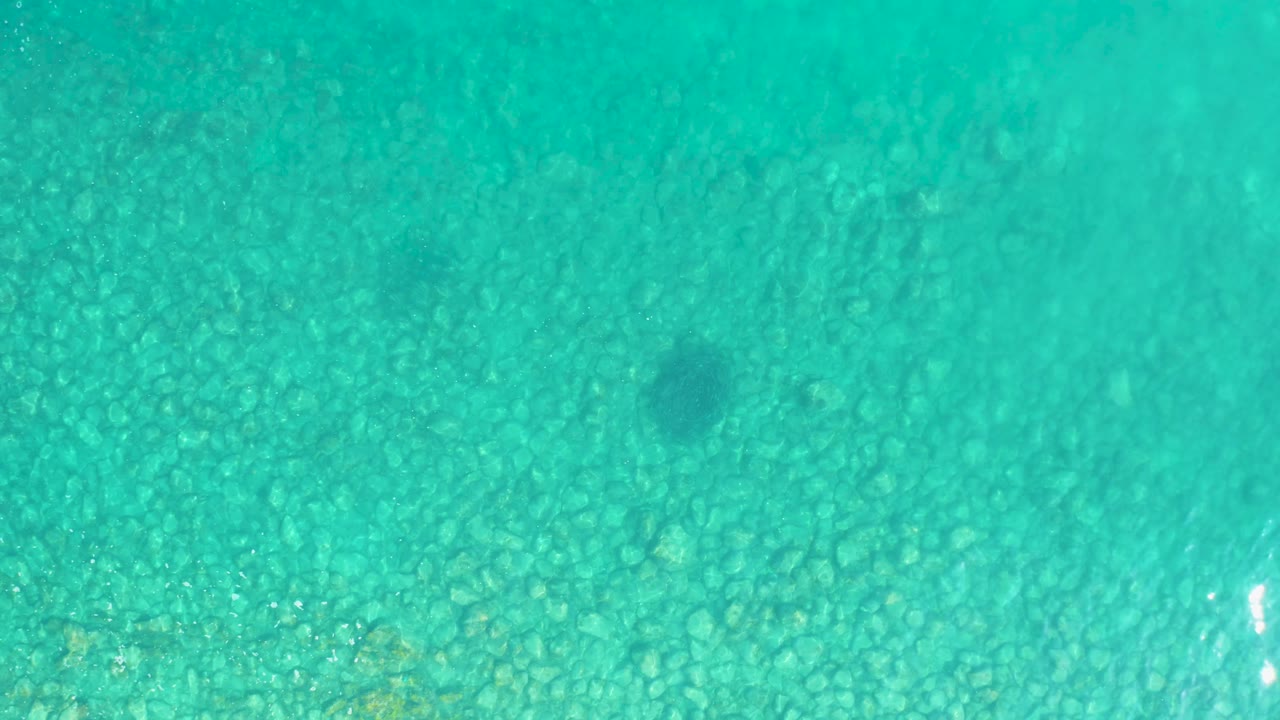 A top-down shallow sea frame shows turquoise water, visible stones below, a darker submerged mark near the upper area, and no visible people.