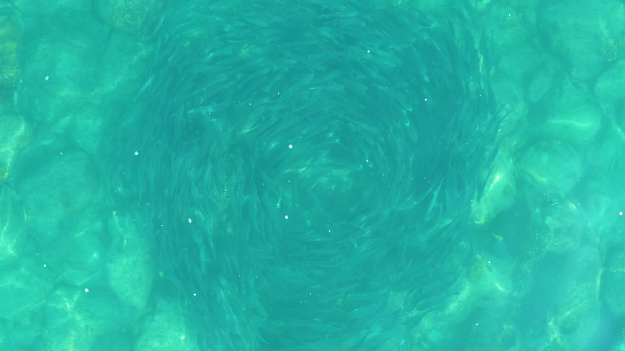 Overhead turquoise pool water with a circular vortex over pale stone texture.