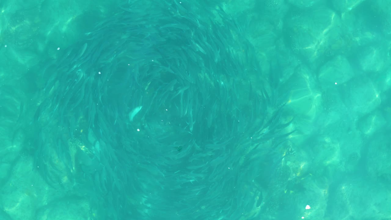 Los Frailes pool water fills the frame, with the vortex now more left of center, soft turquoise ripples, and pale stone or tile shapes visible underneath, no visible people.