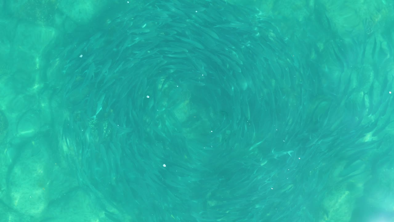 Clear turquoise water in Los Frailes with the swirl still pronounced across the center and no visible people.