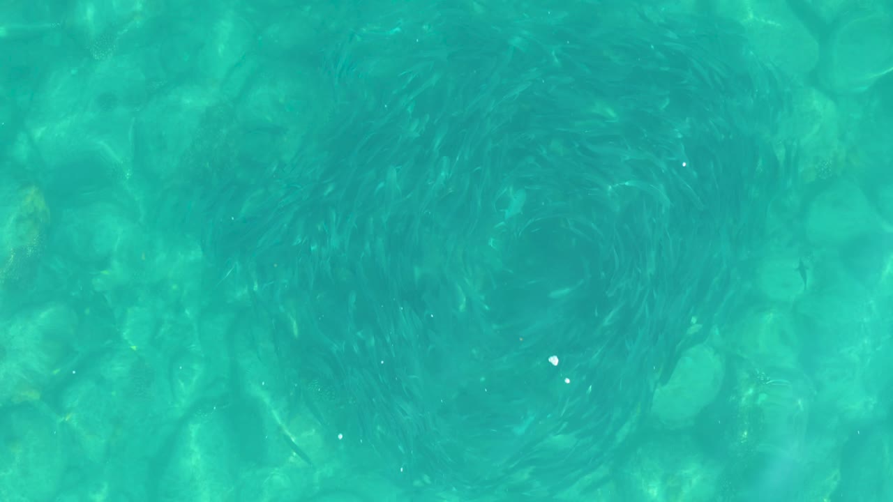 Blue green shallow water at Los Frailes, Los Cabos, with pebbles visible through the surface and a broad circular current mark across the left half, no visible people.