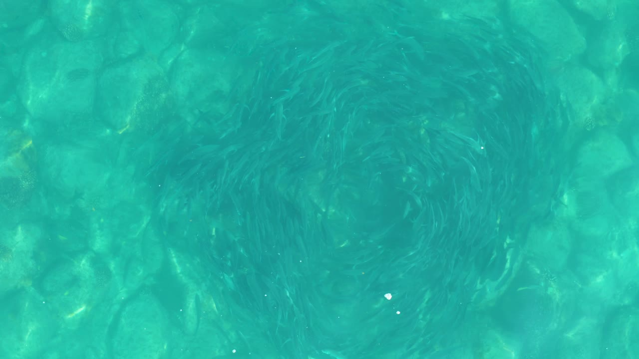 Turquoise water at Los Frailes, Los Cabos, viewed from above with a faint vortex-like current shape over visible rocks, no visible people.