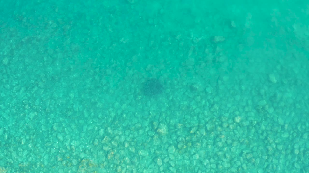 A top-down view of the rocky ocean floor through turquoise water in Los Frailes, Baja California Sur, with no visible people and faint ripple texture across the frame.