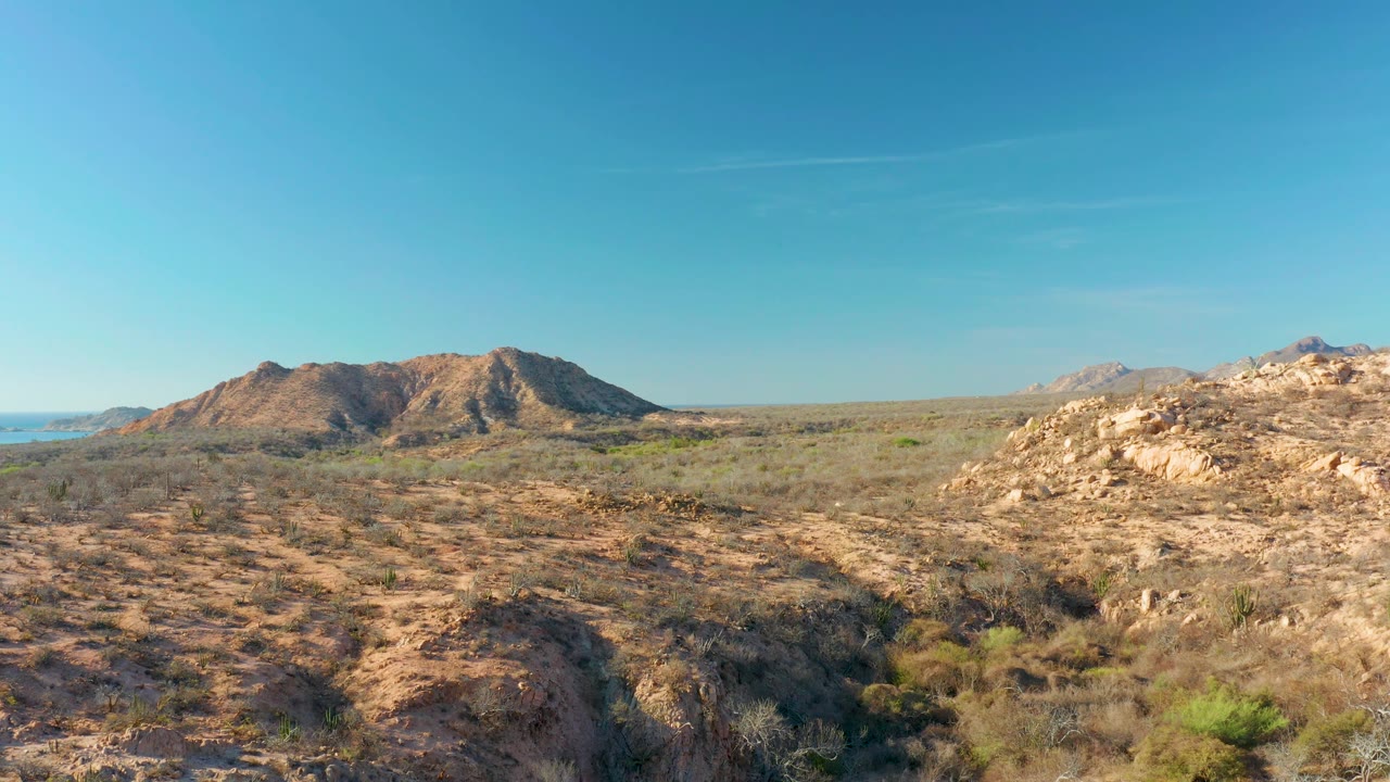 Cabo Pulmo desert frame with dry brush in the foreground, the left ridge slightly lower in view, pale rocks at right, and no visible people.